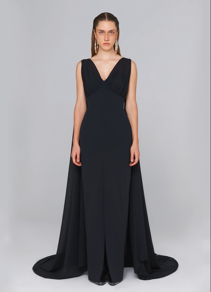 BLACK CHIFFON-TRIMMED STRETCH CREPE GOWN